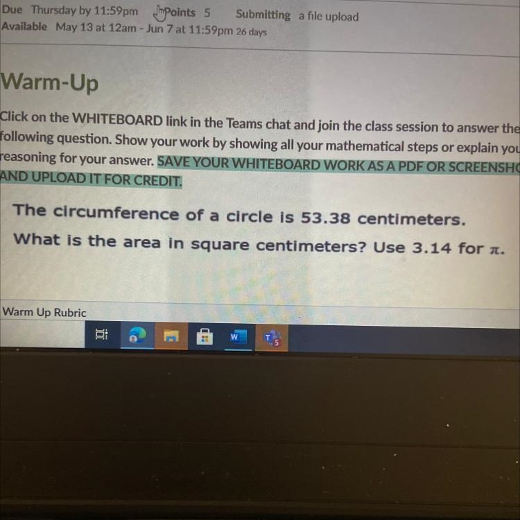 The circumference of a circle is 53.38 centimeters. What is the area in square centimeters-example-1