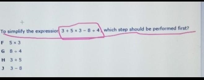 To simplify the expression 3+5×3-8÷4​-example-1