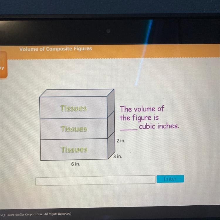 Covery Tissues The volume of the figure is cubic inches. Tissues 2 in. Tissues 3 in-example-1