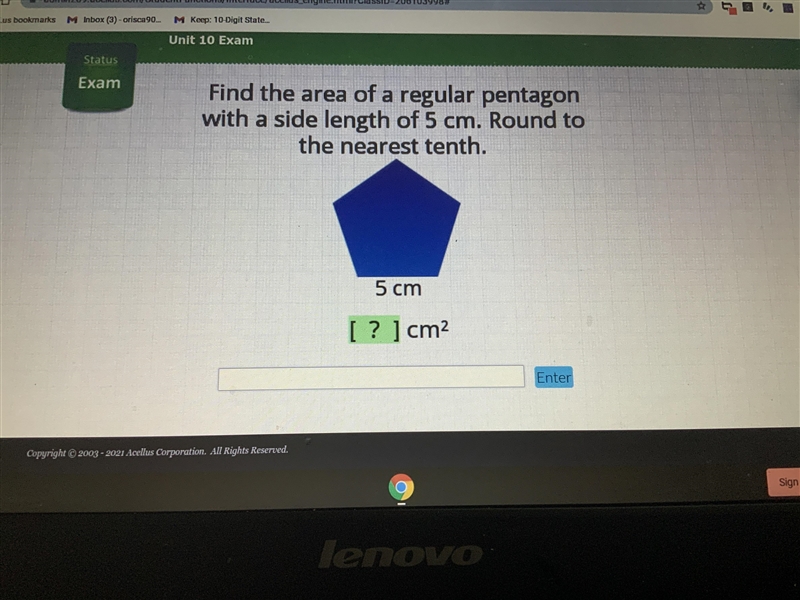 Find the area of a regular pentagon with a side length of 5cm. Round to the nearest-example-1