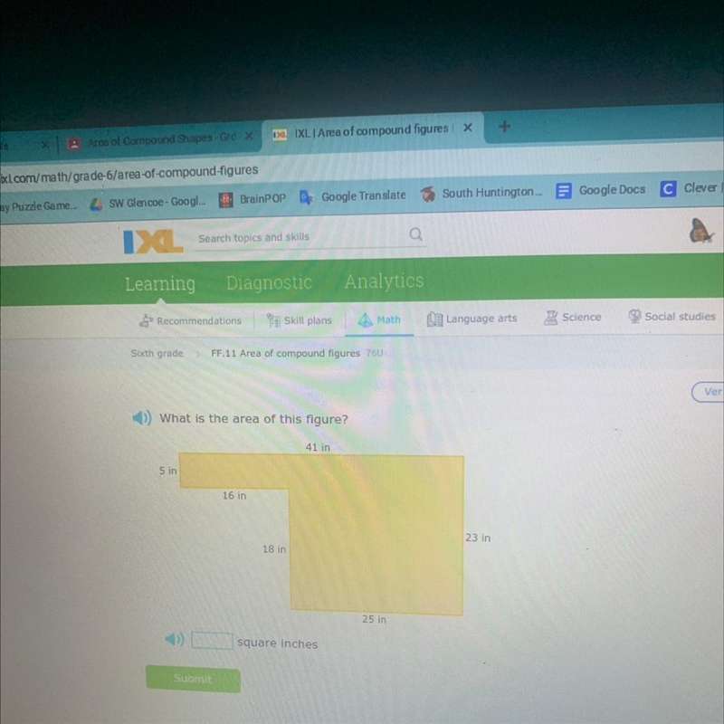 What is the area of this figure? 41 in 5 in 16 in in 18 in 25 in square inches-example-1