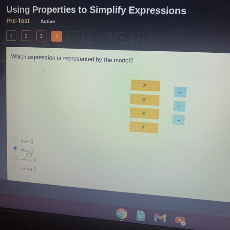 Which expression is represented by the model? 4X43 -4X-3 -4x+3-example-1