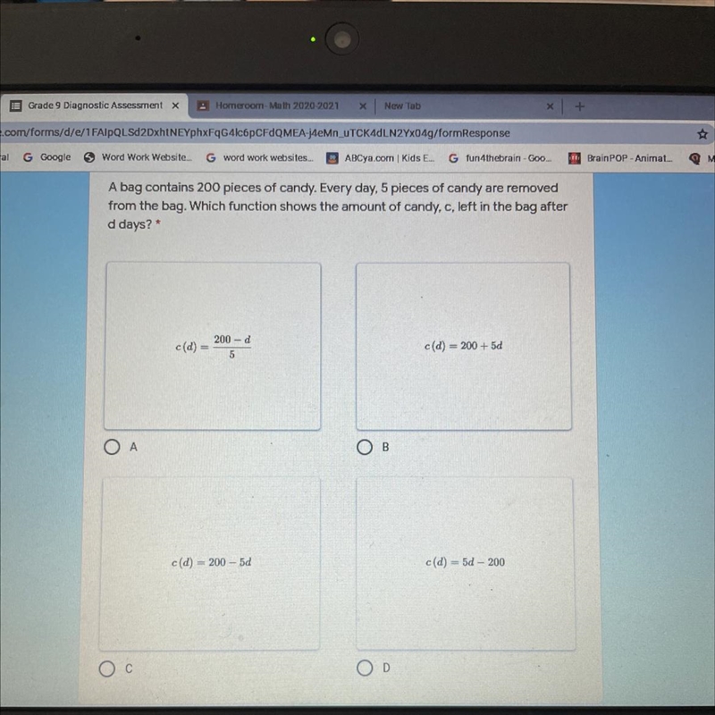 Word work websites... A bag contains 200 pieces of candy. Every day, 5 pieces of candy-example-1