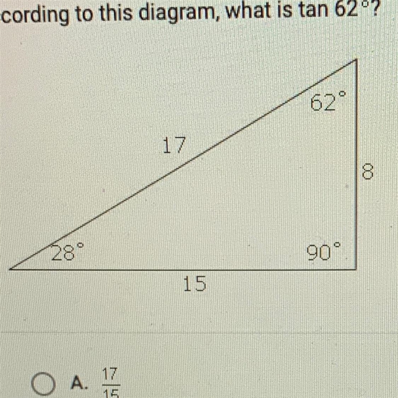 According to this diagram, what is tan 62°? A 17/15 B 8/17 C 15/17 D 8/15 E 17/8 F-example-1