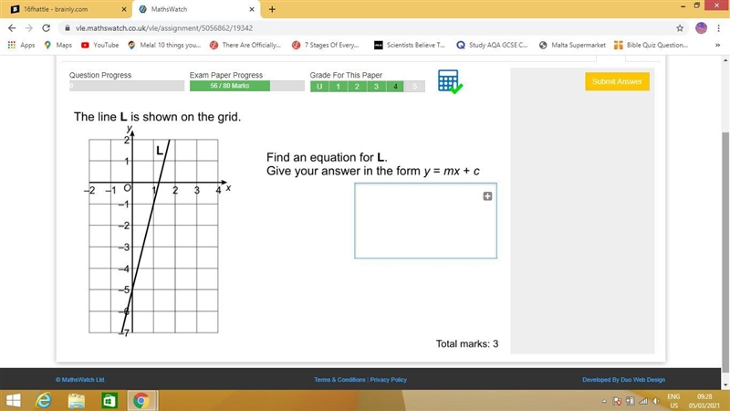 The line L is shown on the grid. Find an equation for L. Give your answer in the form-example-1