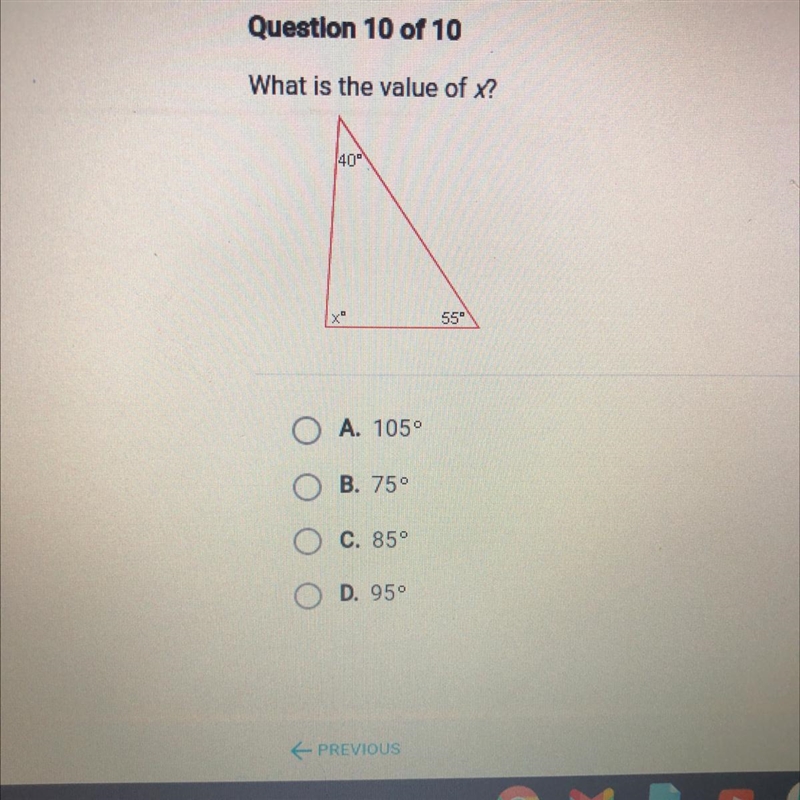 What is the value of x? 40 550 A. 1059 B. 75° C. 850 D. 95°-example-1