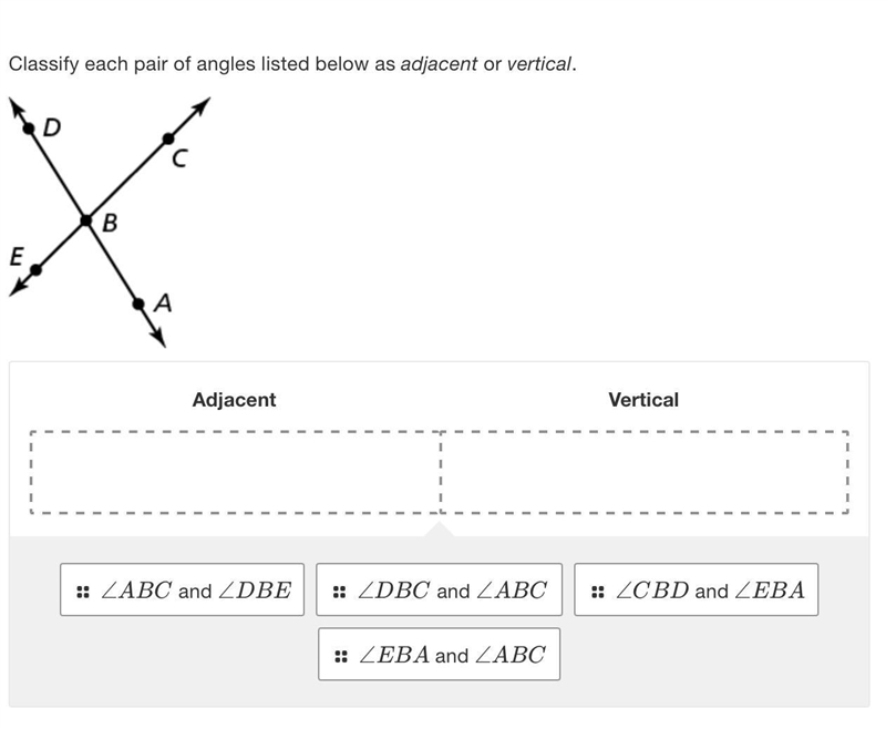 Classify each pair of angles listed below as adjacent or vertical.-example-1