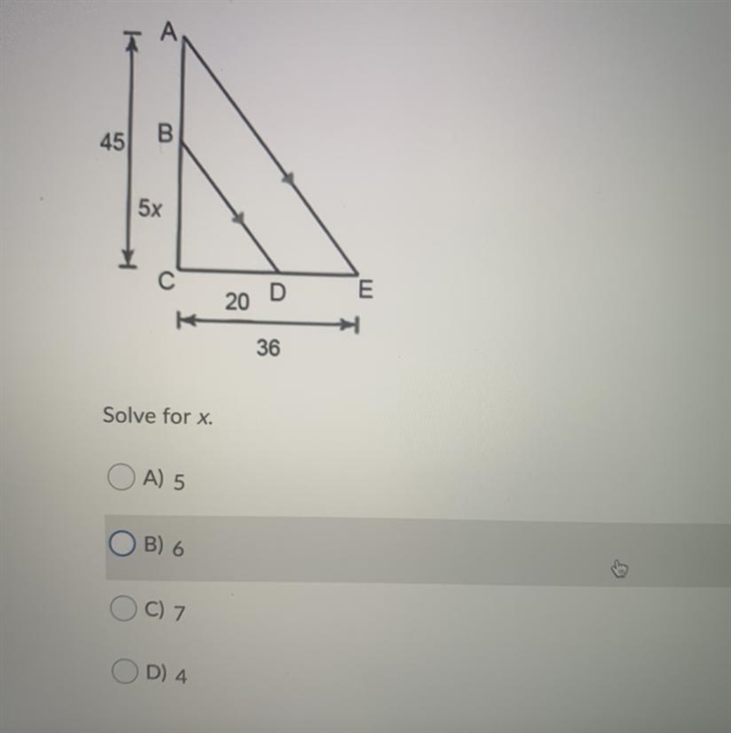 Solve for X A) 5 B) 6 C) 7 D) 4-example-1