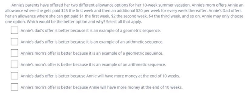 Annie's parents have offered her two different allowance options for her 10 week summer-example-1