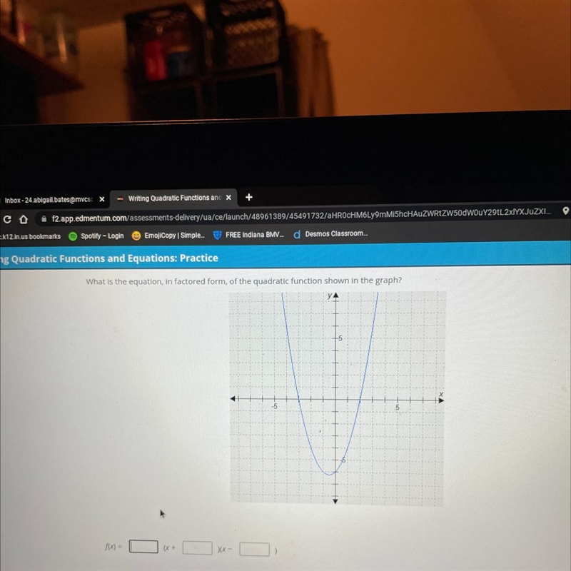 What is the equation, In factored form, of the quadratic function shown in the graph-example-1