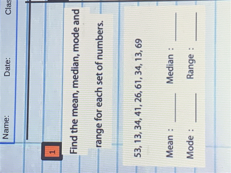Find the mean,median,mode and range for each set of numbers 53,13,34,41,26,61,34,13,69-example-1