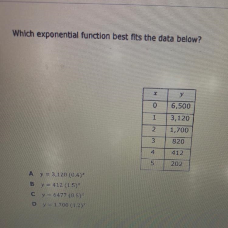 Which exponential function best fits the data below? X 0 6,500 3,120 1,700 2 3 820 4 412 5 202 Ay-example-1