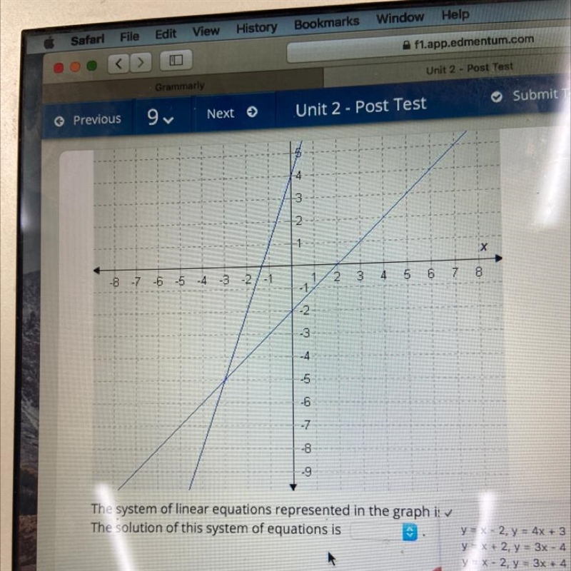 The system of linear equations represented in the graph is ______ The solution of-example-1