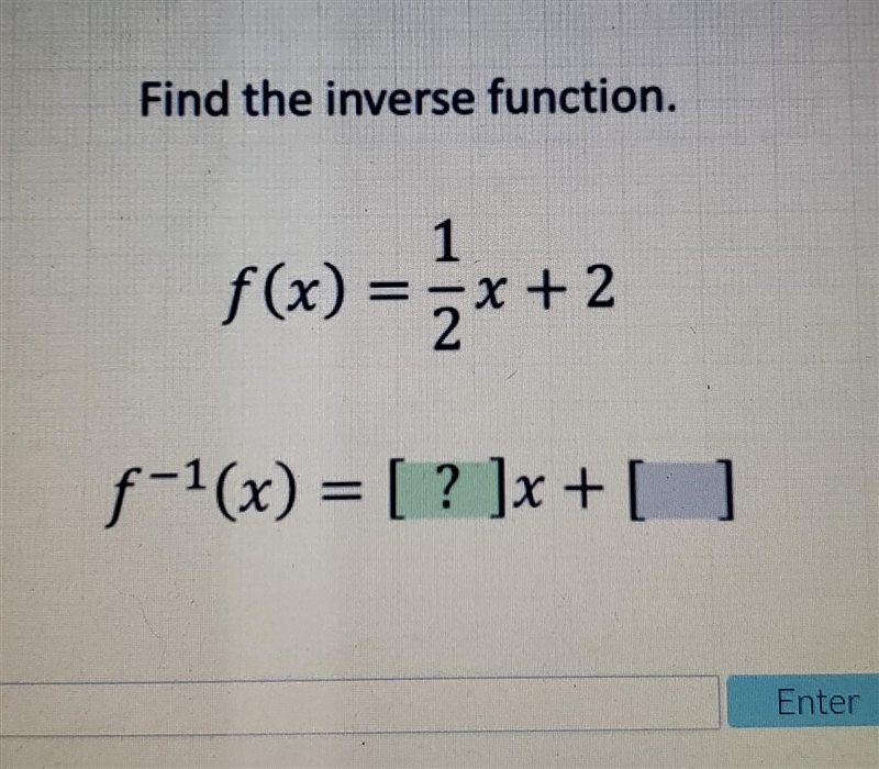 Find the inverse function f(x)=1/2x+2​-example-1