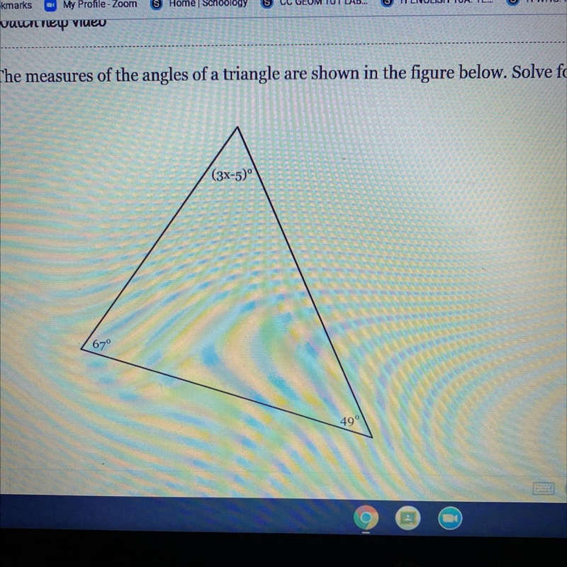 The measure of the angles of a triangle are shown in the figure below. solve for x-example-1