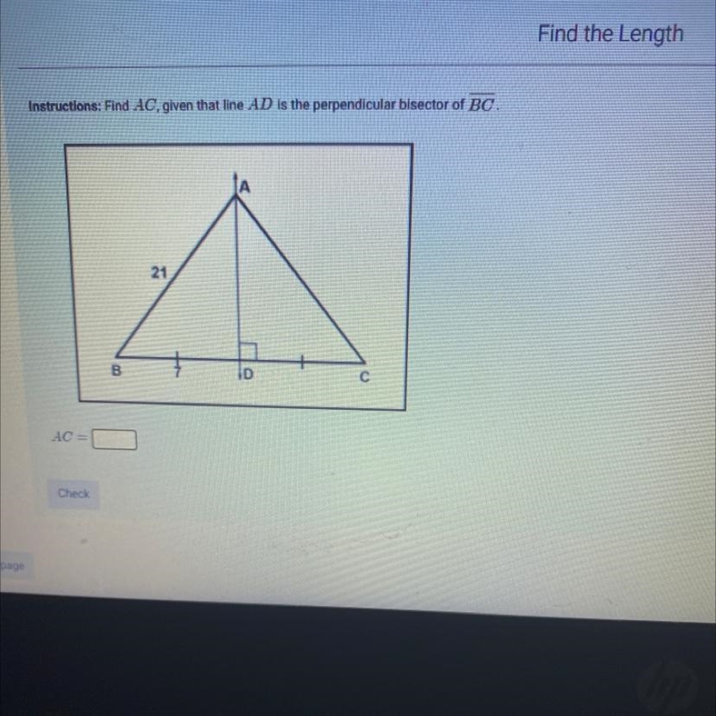 Find AC, given that line AD is the perpendicular bisector of BC-example-1