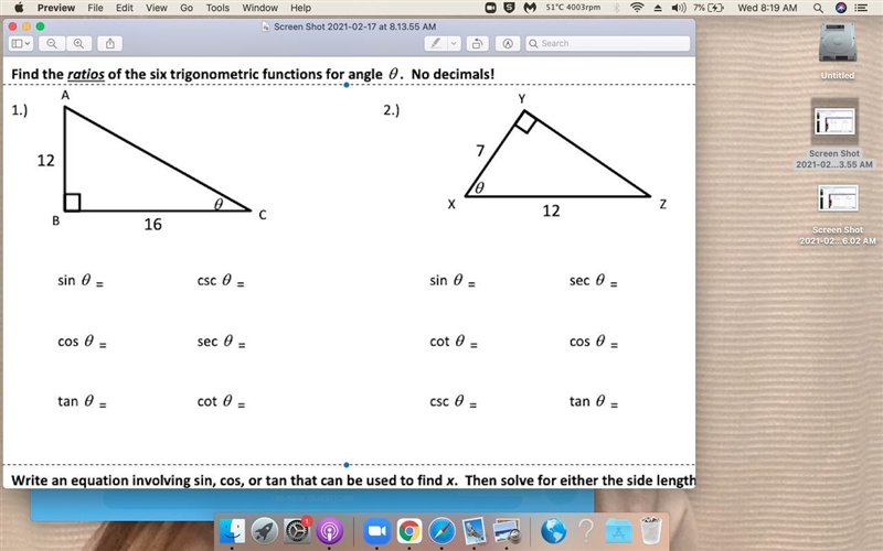 Find the ratios of the six trigonometric functions for angle 0 . No decimals!-example-1