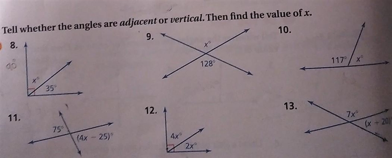 Tell whether the angles are adjacent or vertical. Then find the value of x ​-example-1