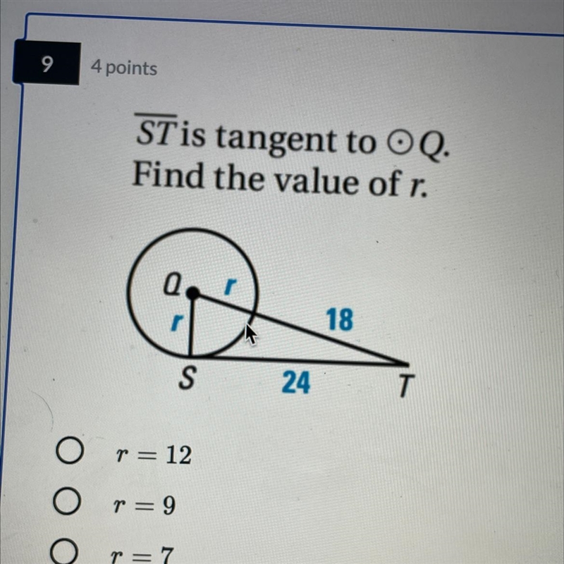 St is tangent to q find the value of r-example-1