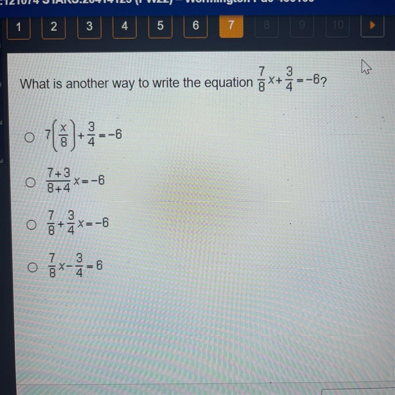 What is another way to write the equation 7/8 x + 3/4=-6 ?-example-1