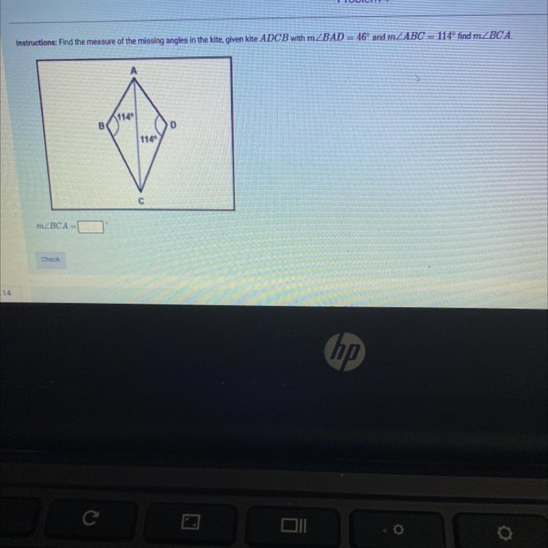 Find the measure of the missing angle in the kite , given kite ADCB with m < BAD-example-1