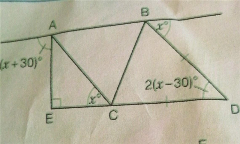 Triangle BDC is an isosceles triangle. Triangle ACE is a right-angled triangle. Show-example-1