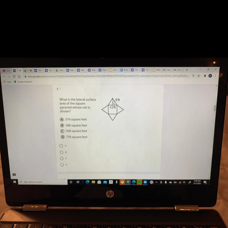 9 ft What is the lateral surface area of the square pyramid whose net is shown? 12 ft-example-1