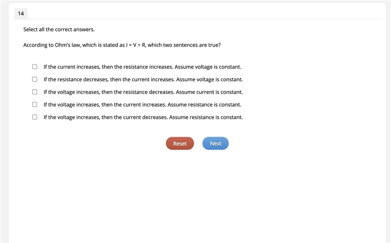 According to Ohm’s law, which is stated as I = V ÷ R, which two sentences are true-example-1