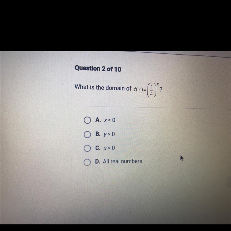 What is the domain of f(x)=(1/4)^-example-1