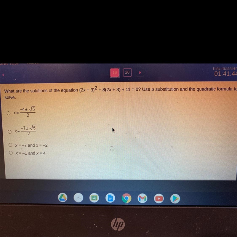 What are the solutions of the equation (2x + 3)^2 + 8(2x + 3) + 11 = 0? Use “u” substitution-example-1