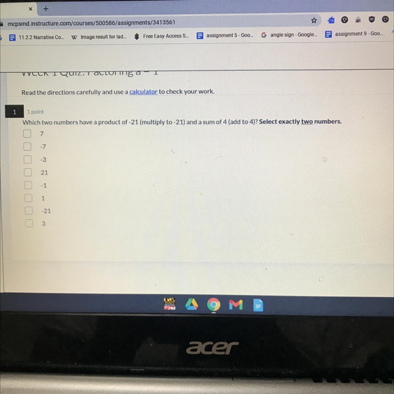 Which two numbers have a product of -21 (multiply to -21) and a sum of 4(add to 4)?-example-1