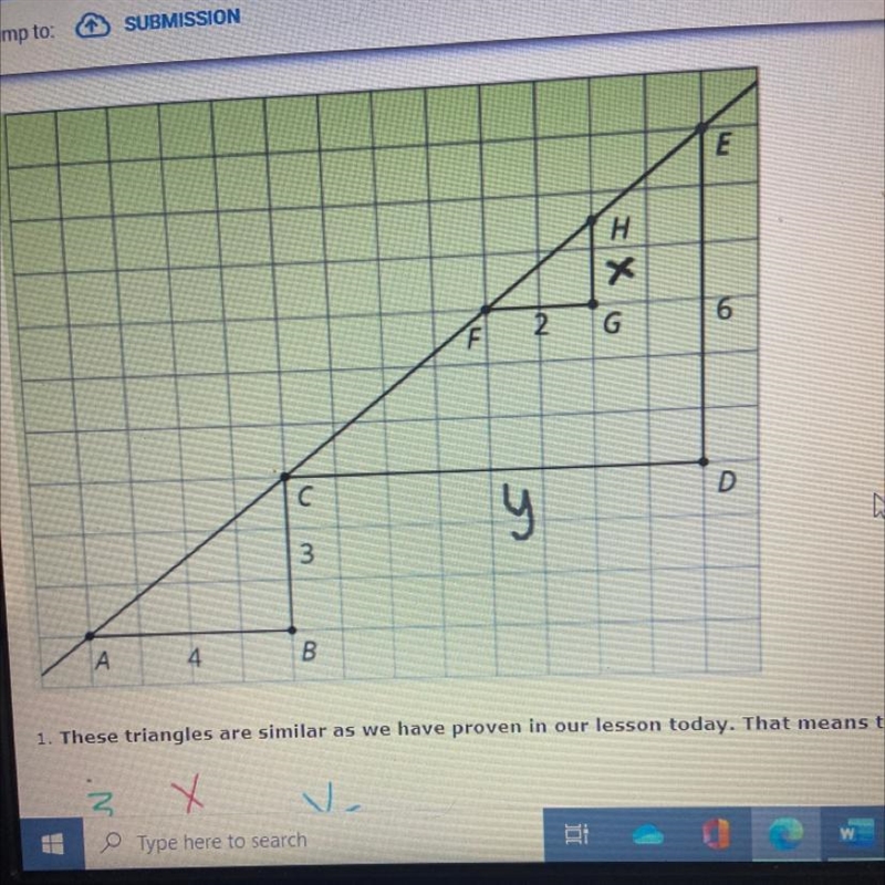 Can you find the value of X & Y? What are the lengths OF each triangle what is-example-1