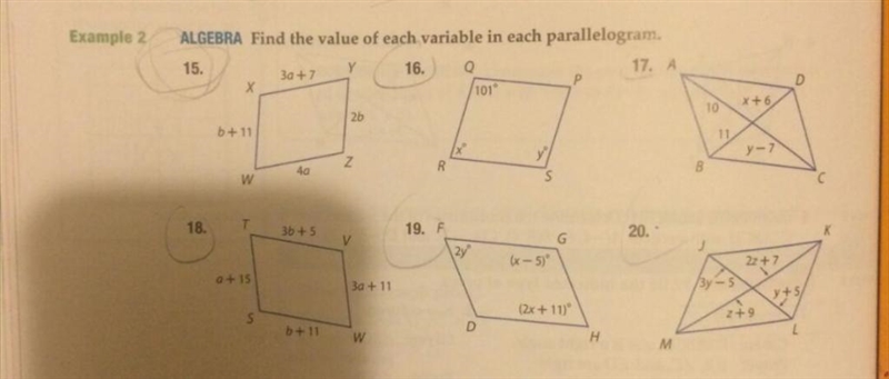 Find the value of each variable in each parallelogram . on #17 and #18 .-example-1