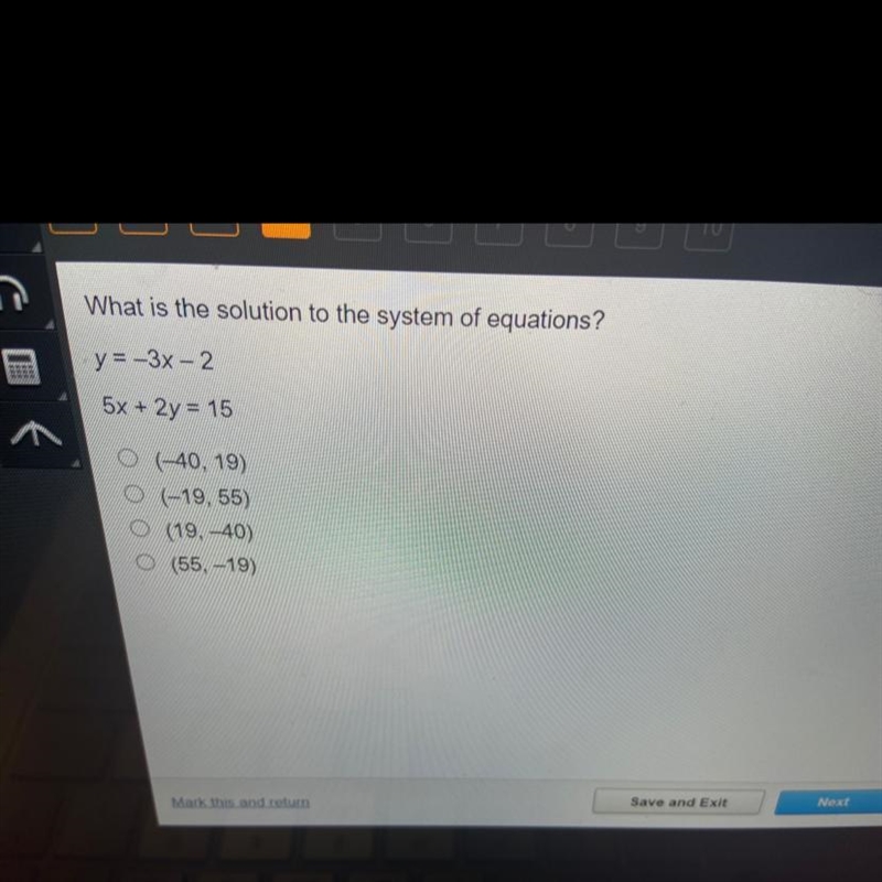 What Is the solution to the system of equations? Y=-3x-2 5x+2y=15-example-1