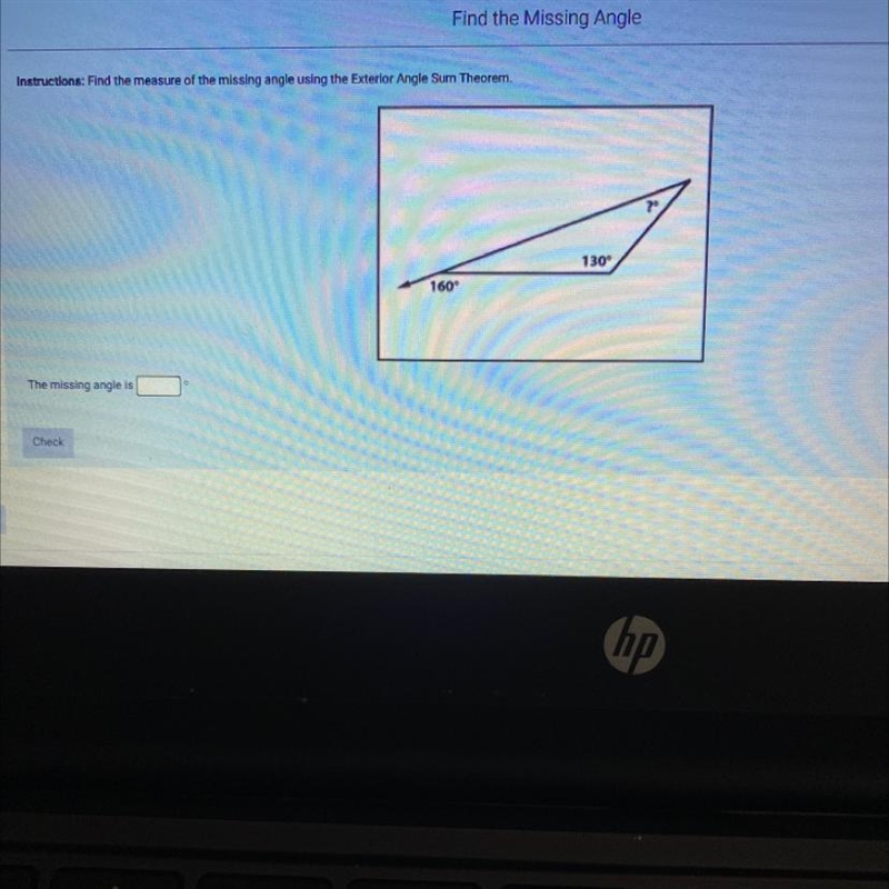 Find the measure of the missing angle using the exterior angle sum theorm-example-1