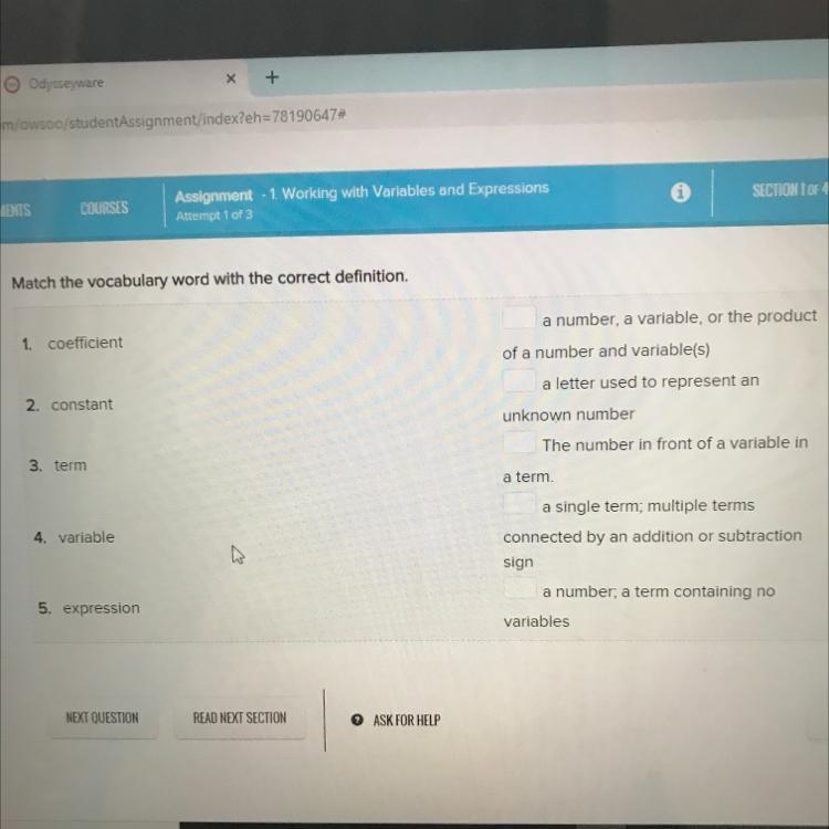 Match the vocabulary word with the correct definition, 1. coefficient a number, a-example-1