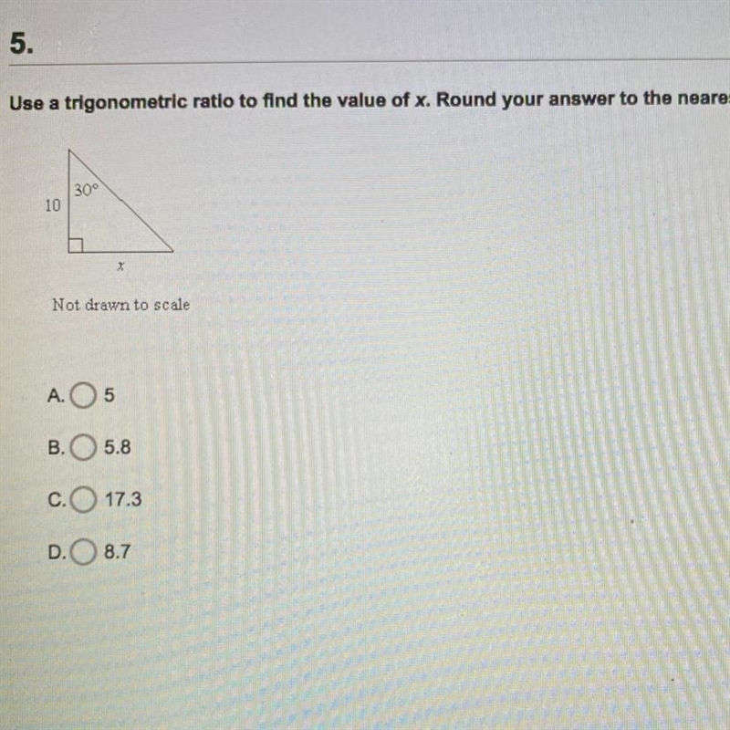 Use a trigonometric ratio to find the value of x. Round your answer to the nearest-example-1