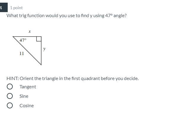 What trig function would you use to find y using 47 angle-example-1