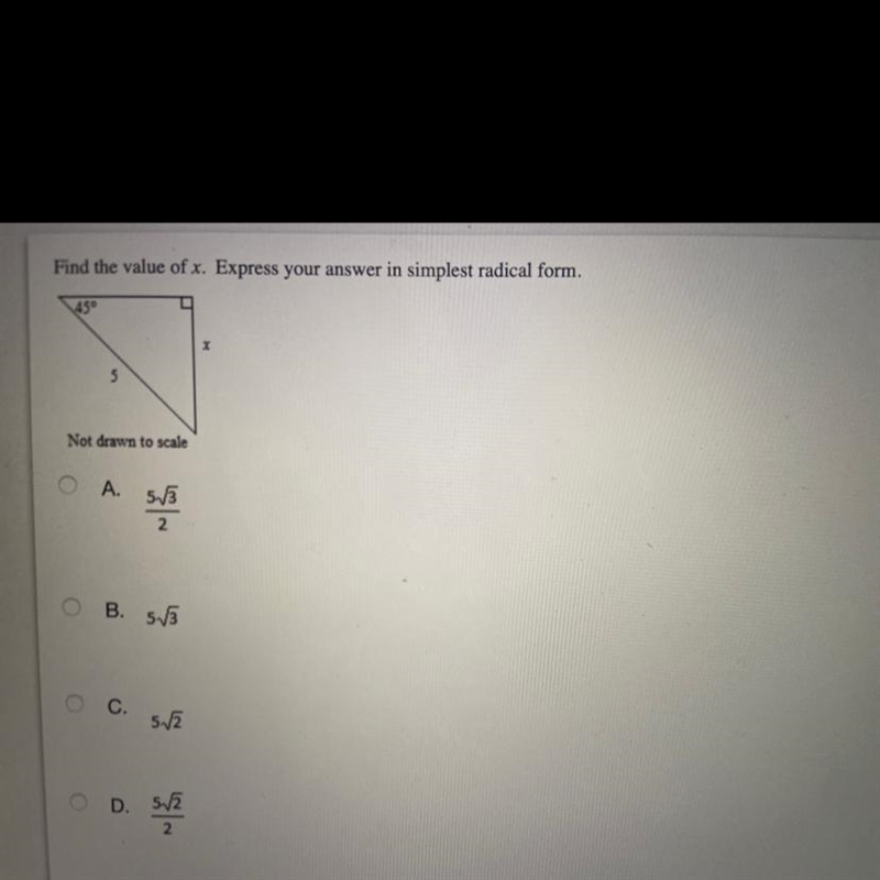 Find the value of x. Express your answer in simplest radical form.-example-1