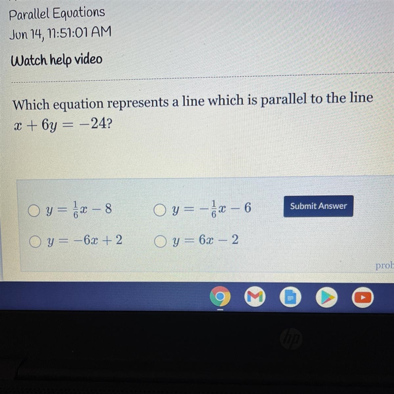 Which equation represents a line which is parallel to the line X + 6y = -24?-example-1