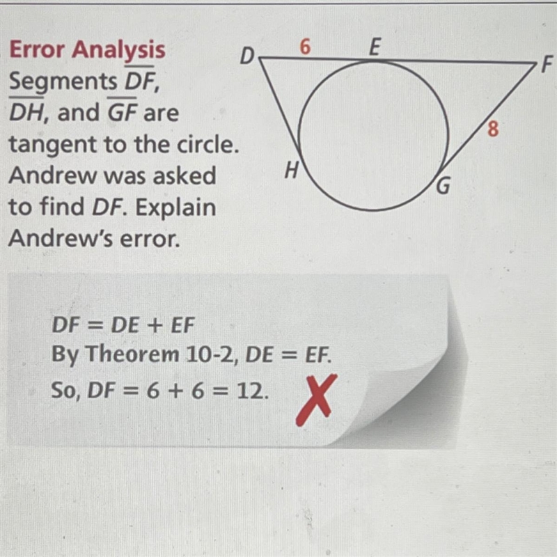 Segments DF, DH, and GF are tangent to the circle. Andrew was asked to find DF. Explain-example-1