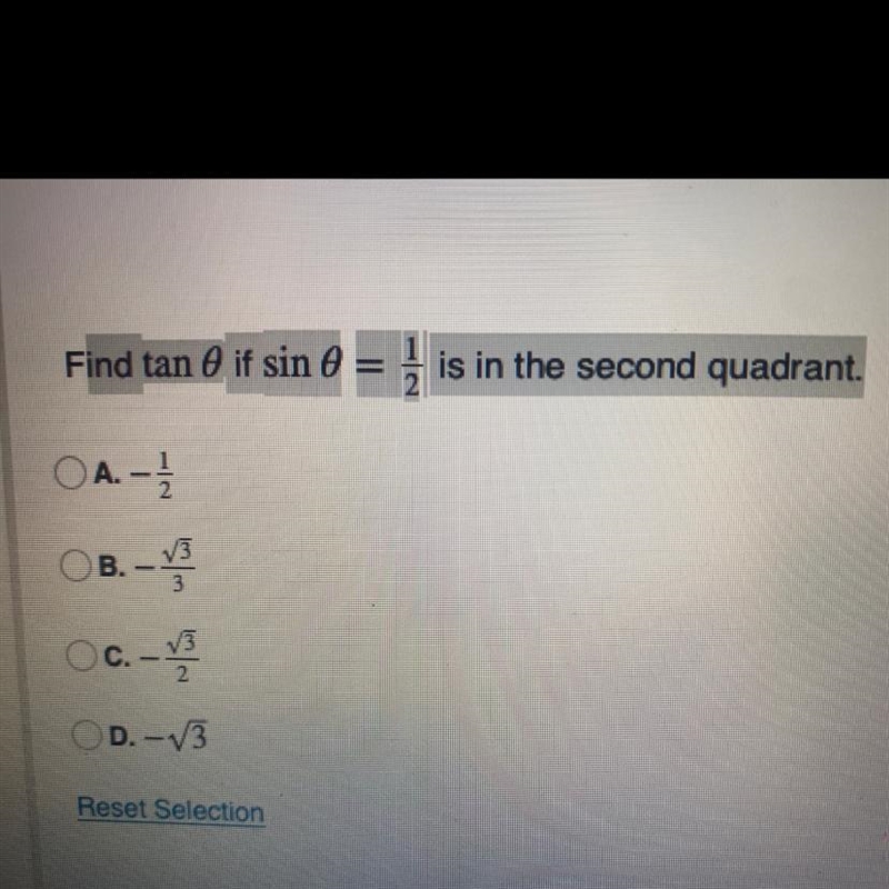 Find tan 0 if sin 0 = 1/2 is in the second quadrant.-example-1