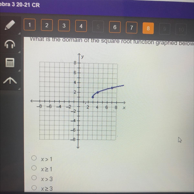 What is the domain of the square root function graphed below? A. X>1 B. X>_1 C-example-1