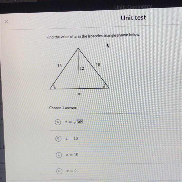 Find the value of x in the isosceles triangle shown below.-example-1