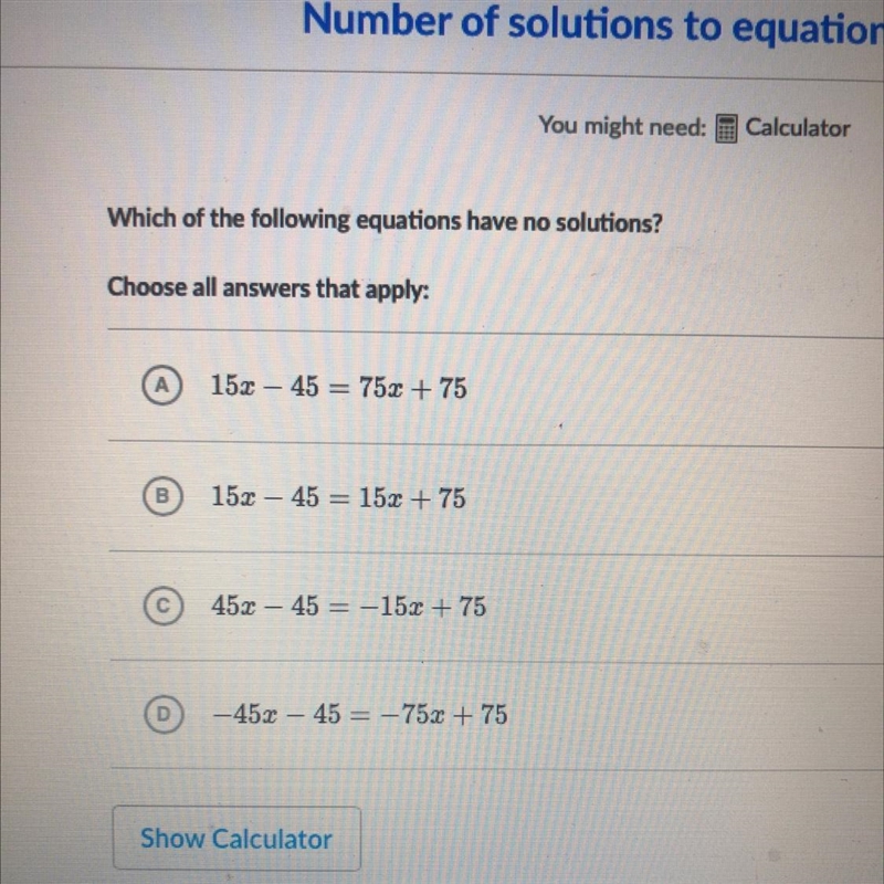 Which of the following equations have no solutions? Choose all answers that apply-example-1