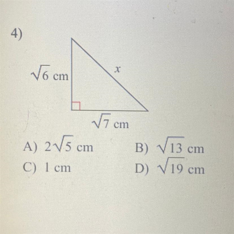 X ſocm Jicm A) 2V5 cm B) V13 cm D) V19 cm C) 1 cm ASAP-example-1