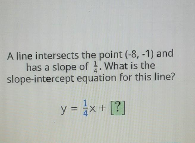 A line intersects the point (-8, -1) and has a slope of . What is the slope-intercept-example-1