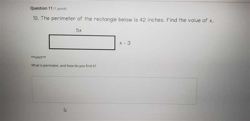 The perimeter of the rectangle below is 42 inches. Find the value of X. Please help-example-1