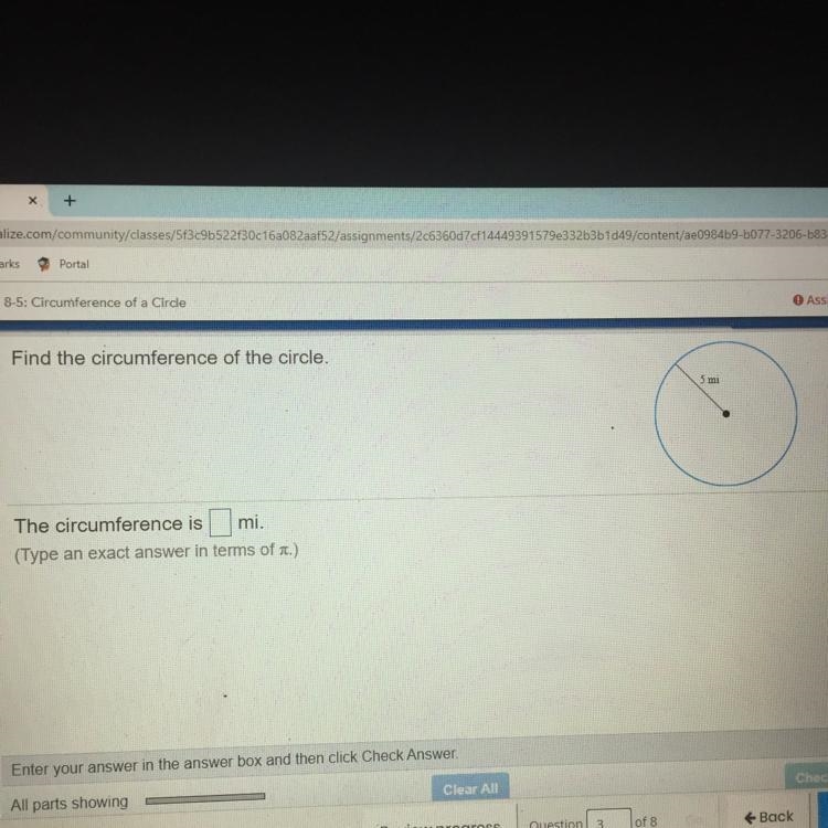 Find the circumference of the circle. 5 mi The circumference is mi-example-1