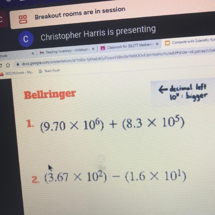 1. (9.70 X 106) + (8.3 X 105) 2. (3.67 x 102) – (1.6 X 101)-example-1